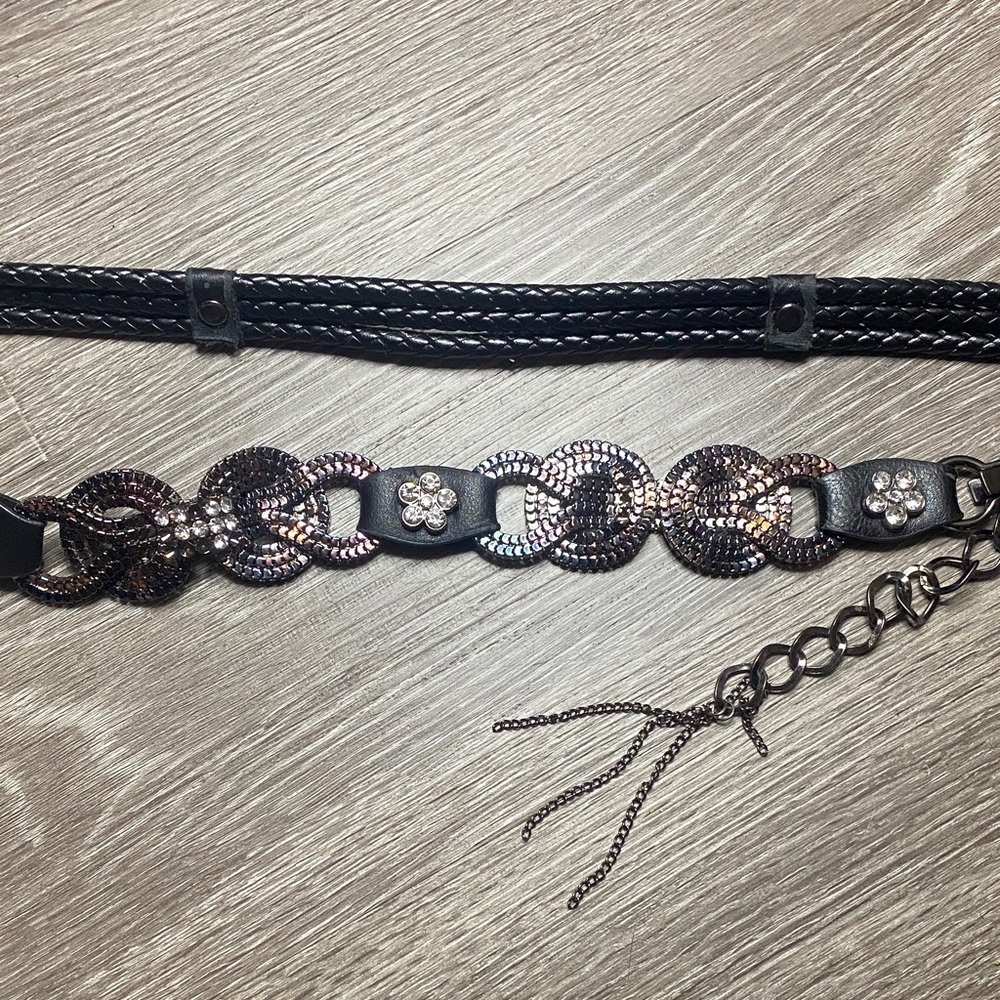 Early 2000s Bling Y2K  Black and Silver Pleather  Belt